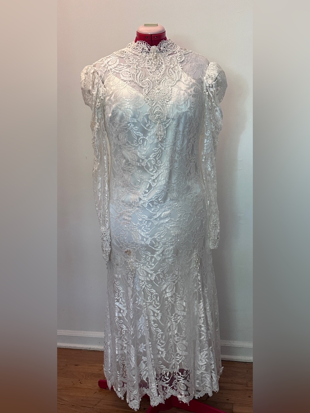 Vintage 1988 Wedding Dress White Lace Beaded High Neck Puff Sleeve Bridal Gown